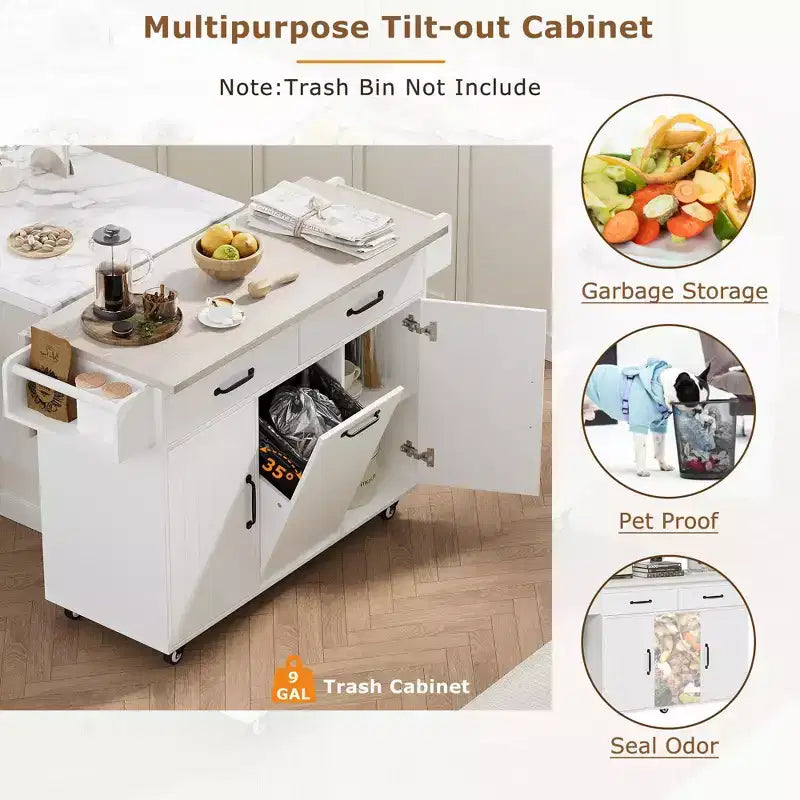 Carrello da cucina con isola grigio e bianco con anta a ribalta, pattumiera e contenitore