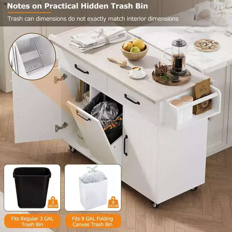 Carrello da cucina con isola grigio e bianco con anta a ribalta, pattumiera e contenitore