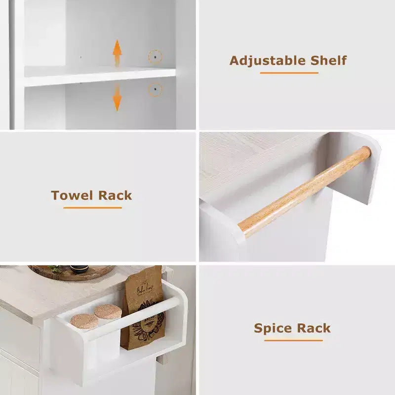 Carrello da cucina con isola grigio e bianco con anta a ribalta, pattumiera e contenitore