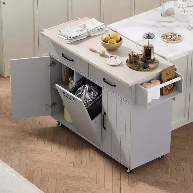 Carrello da cucina con isola grigio e bianco con anta a ribalta, pattumiera e contenitore