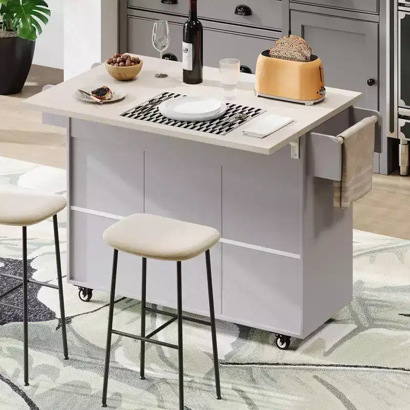 Carrello da cucina con isola grigio e bianco con anta a ribalta, pattumiera e contenitore