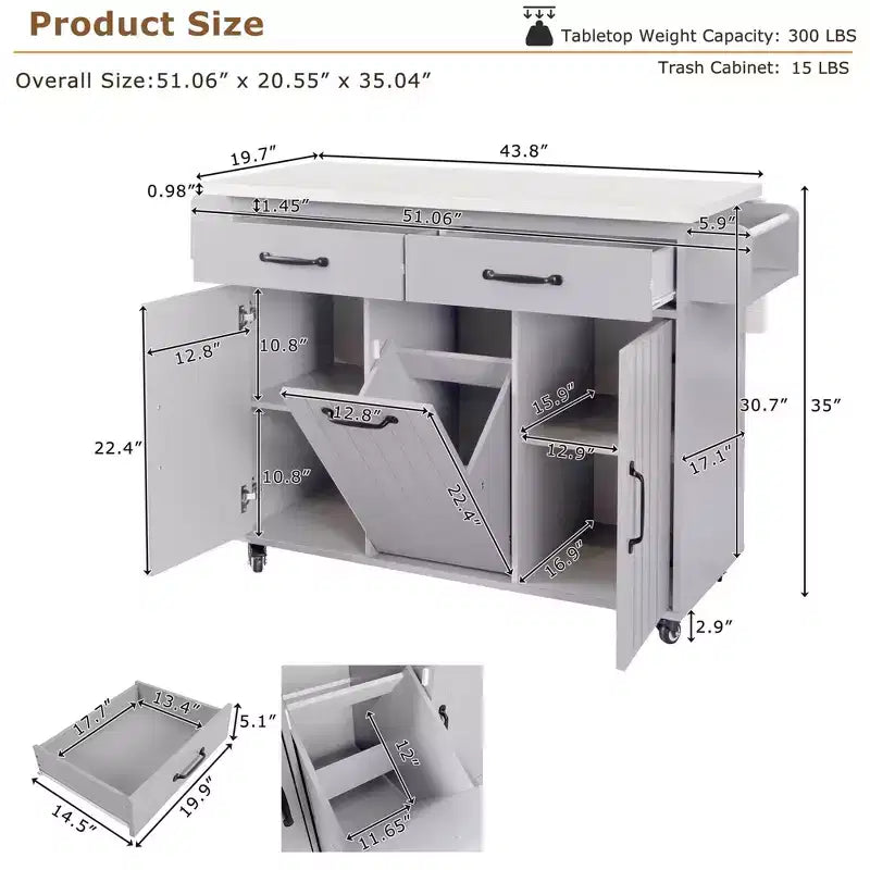 Carrello da cucina con isola grigio e bianco con anta a ribalta, pattumiera e contenitore