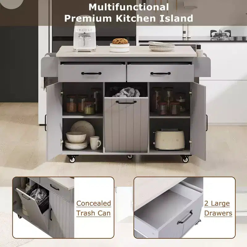 Carrello da cucina con isola grigio e bianco con anta a ribalta, pattumiera e contenitore