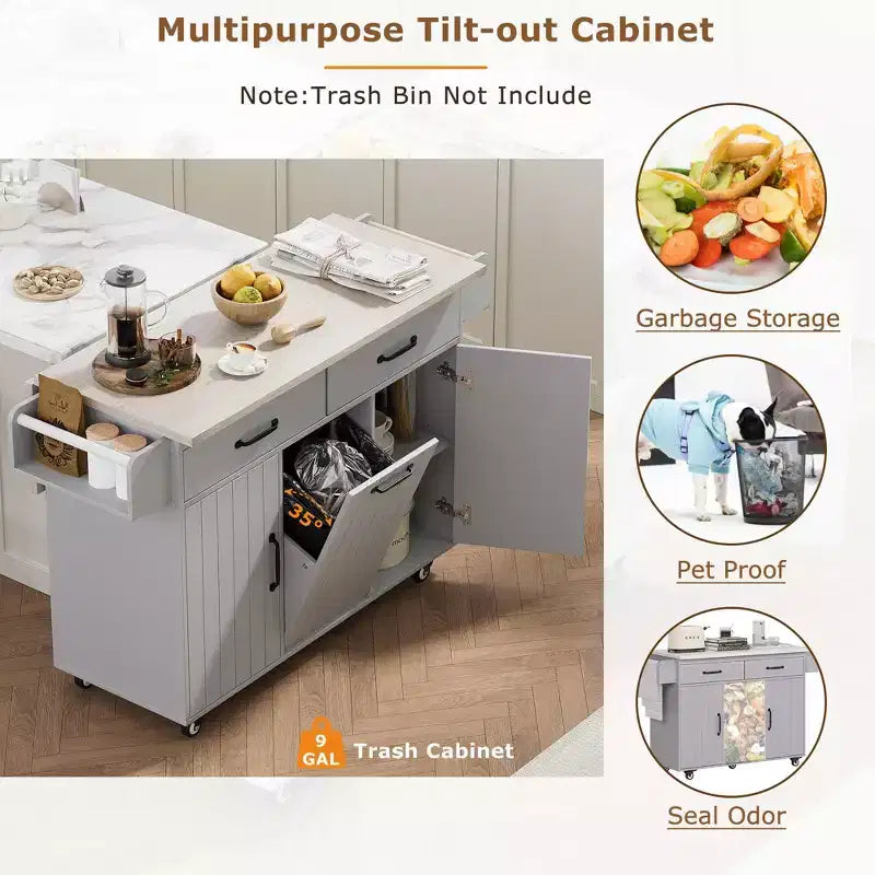 Carrello da cucina con isola grigio e bianco con anta a ribalta, pattumiera e contenitore