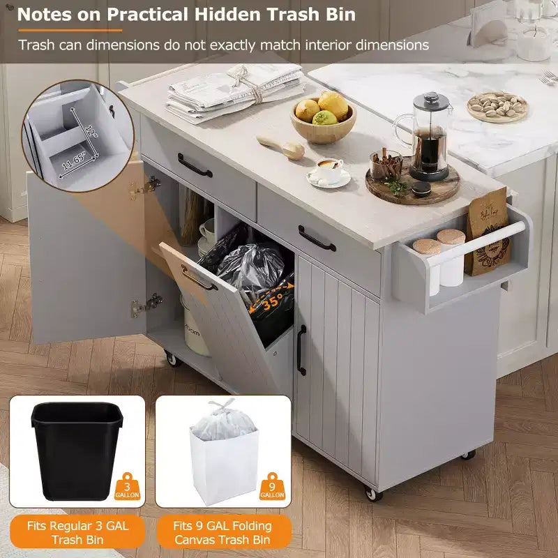 Carrello da cucina con isola grigio e bianco con anta a ribalta, pattumiera e contenitore