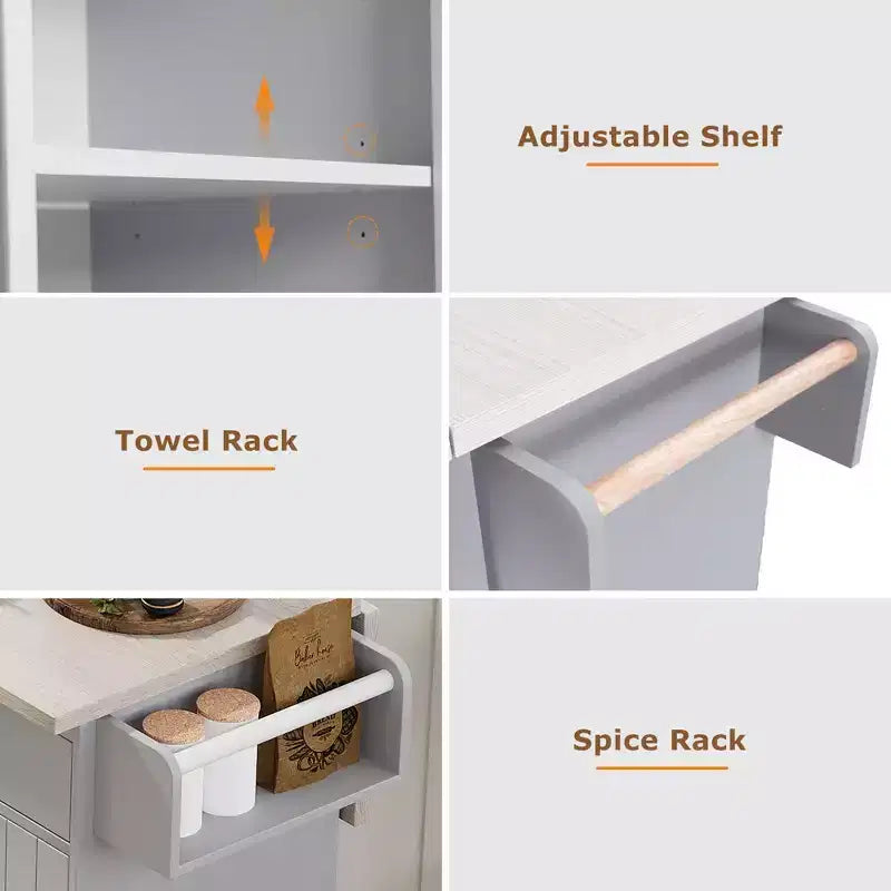 Carrello da cucina con isola grigio e bianco con anta a ribalta, pattumiera e contenitore