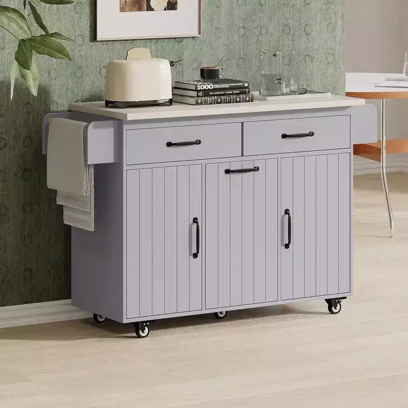 Carrello da cucina con isola grigio e bianco con anta a ribalta, pattumiera e contenitore