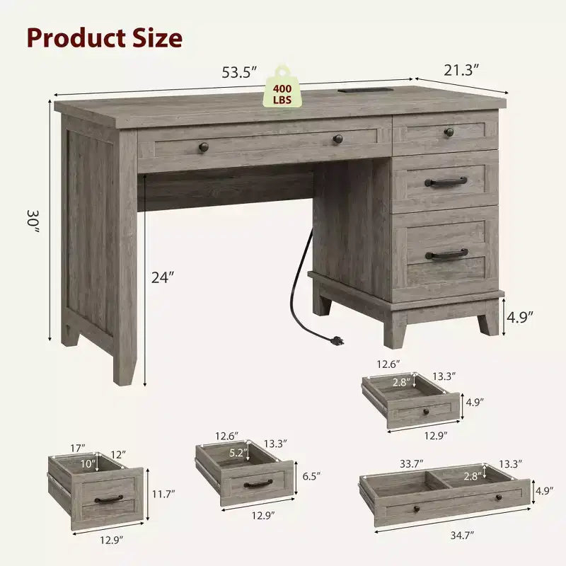 Scrivania direzionale grigia con 4 cassetti, monoposto, in legno, stile rustico