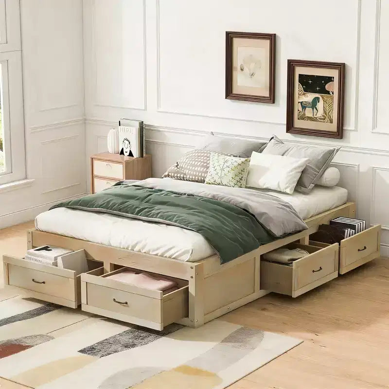 Letto a piattaforma contenitore a 6 cassetti, full size, grigio/natura/bianco