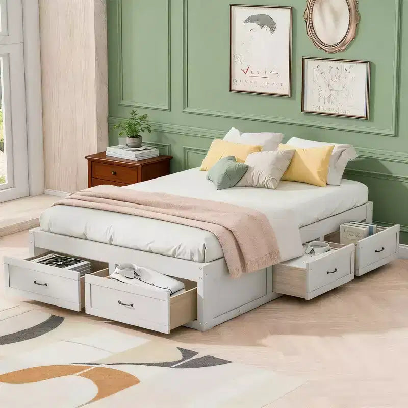 Letto a piattaforma contenitore a 6 cassetti, full size, grigio/natura/bianco