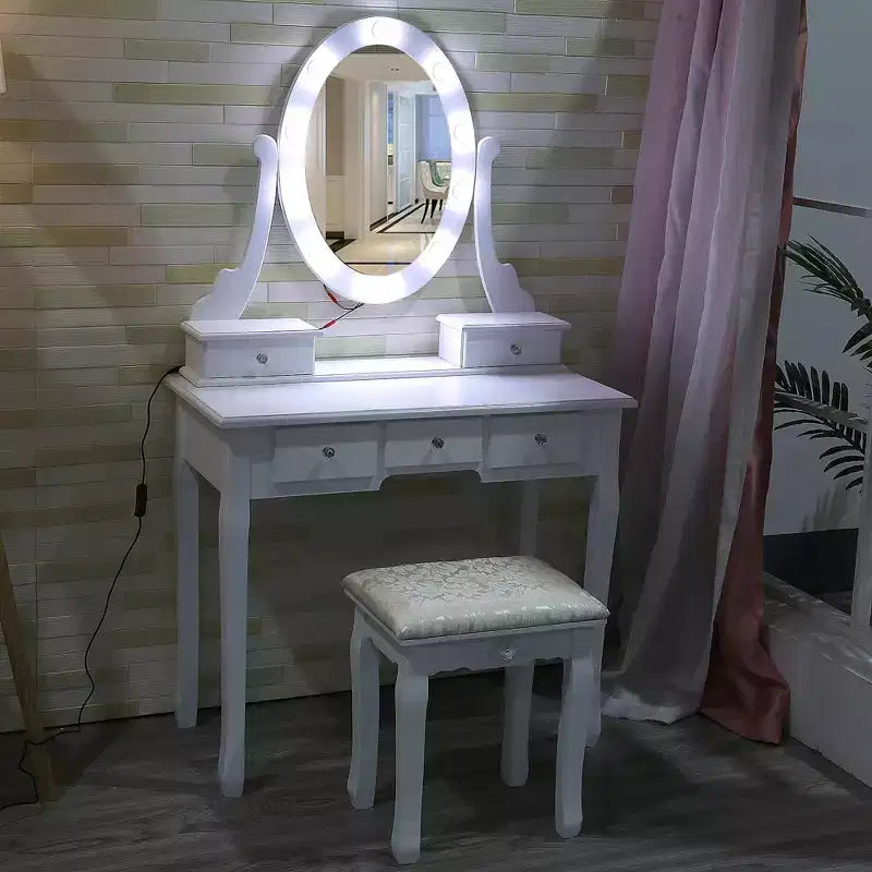 Toeletta in Legno Bianco con Specchio Ovale a LED, 5 Cassetti e Sgabello Imbottito – 1 Persona