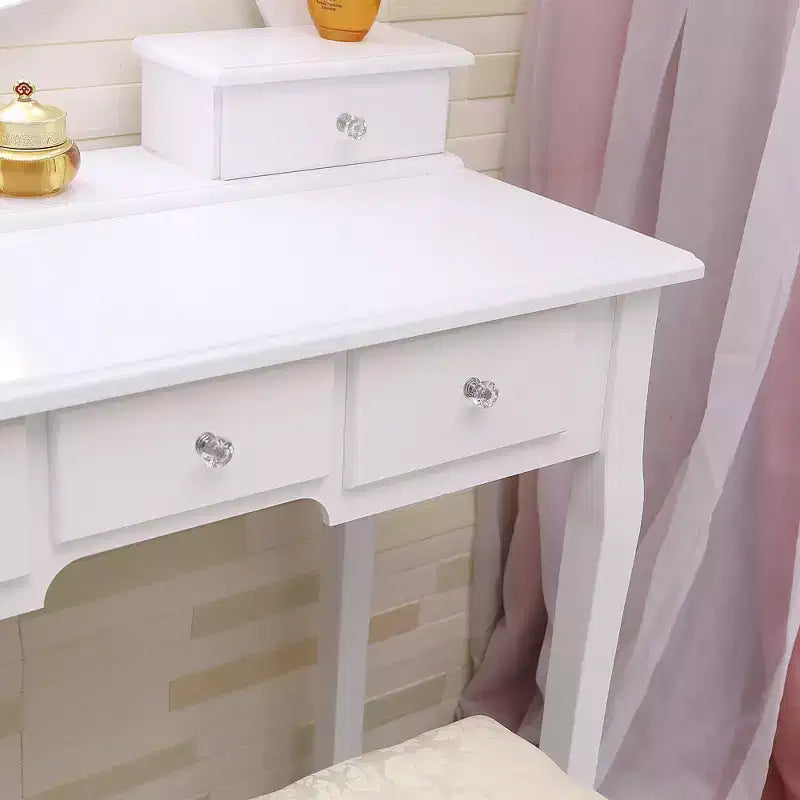 Toeletta in Legno Bianco con Specchio Ovale a LED, 5 Cassetti e Sgabello Imbottito – 1 Persona