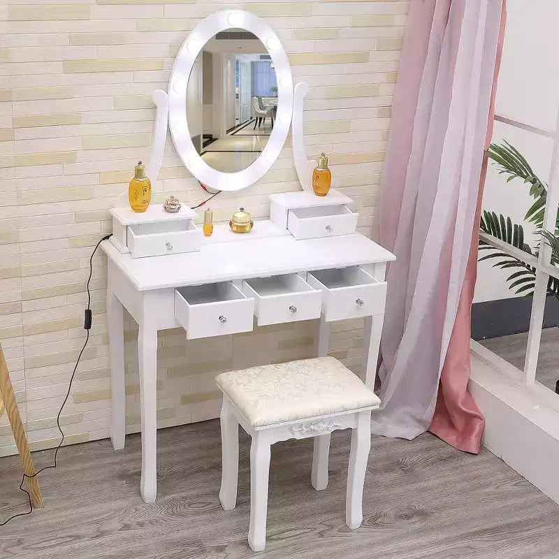 Toeletta in Legno Bianco con Specchio Ovale a LED, 5 Cassetti e Sgabello Imbottito – 1 Persona