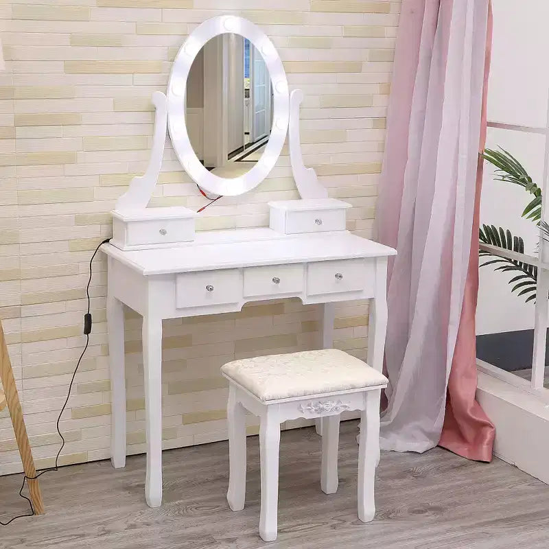 Toeletta in Legno Bianco con Specchio Ovale a LED, 5 Cassetti e Sgabello Imbottito – 1 Persona