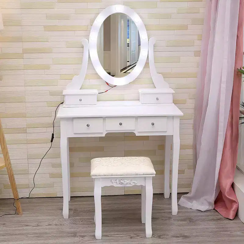 Toeletta in Legno Bianco con Specchio Ovale a LED, 5 Cassetti e Sgabello Imbottito – 1 Persona