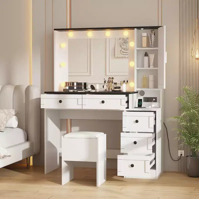 Set toeletta illuminato nero con sgabello imbottito, 6 cassetti e mobile, 1 persona