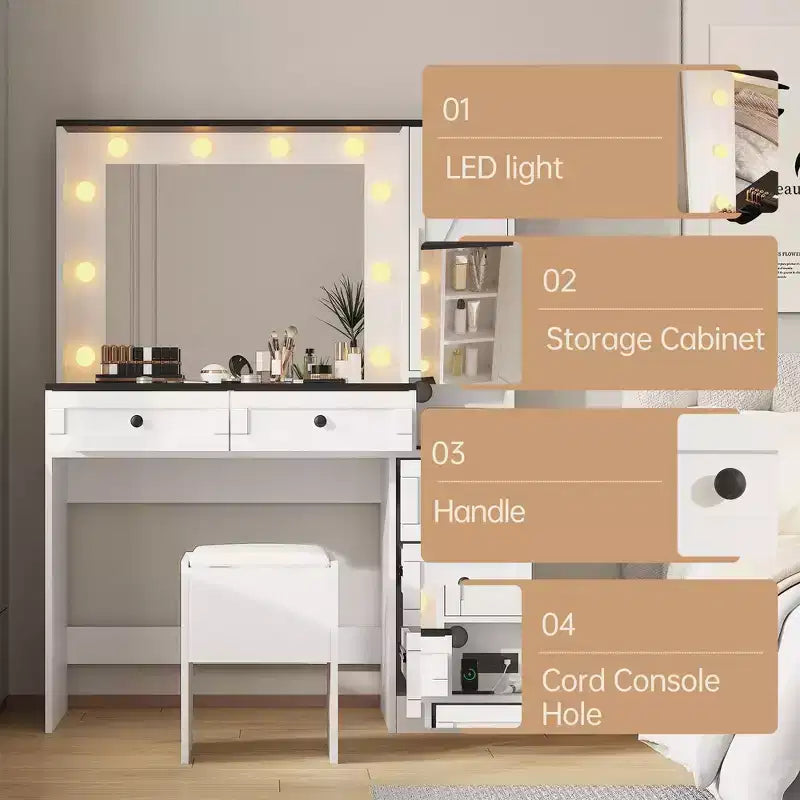 Set toeletta illuminato nero con sgabello imbottito, 6 cassetti e mobile, 1 persona