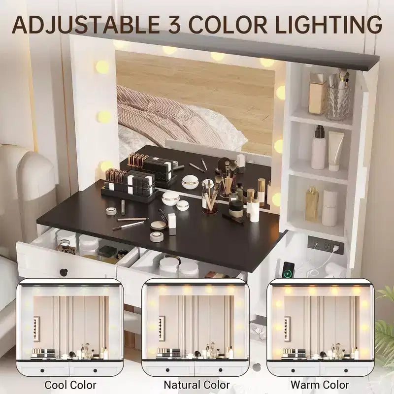 Set toeletta illuminato nero con sgabello imbottito, 6 cassetti e mobile, 1 persona