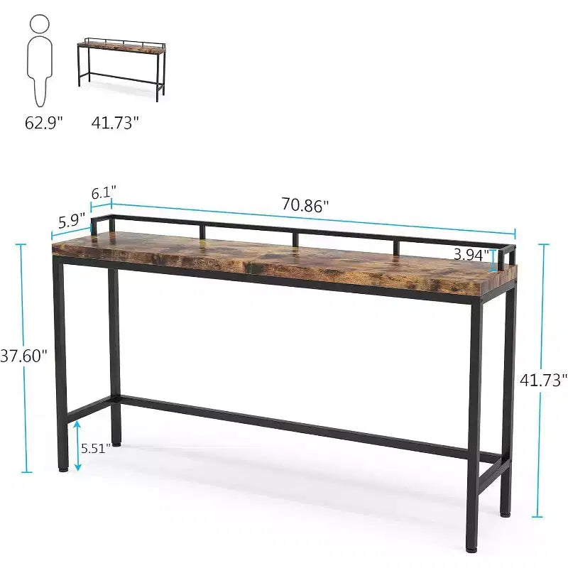 Consolle industriale rustica marrone, stile stretto extra lungo 70,9 pollici