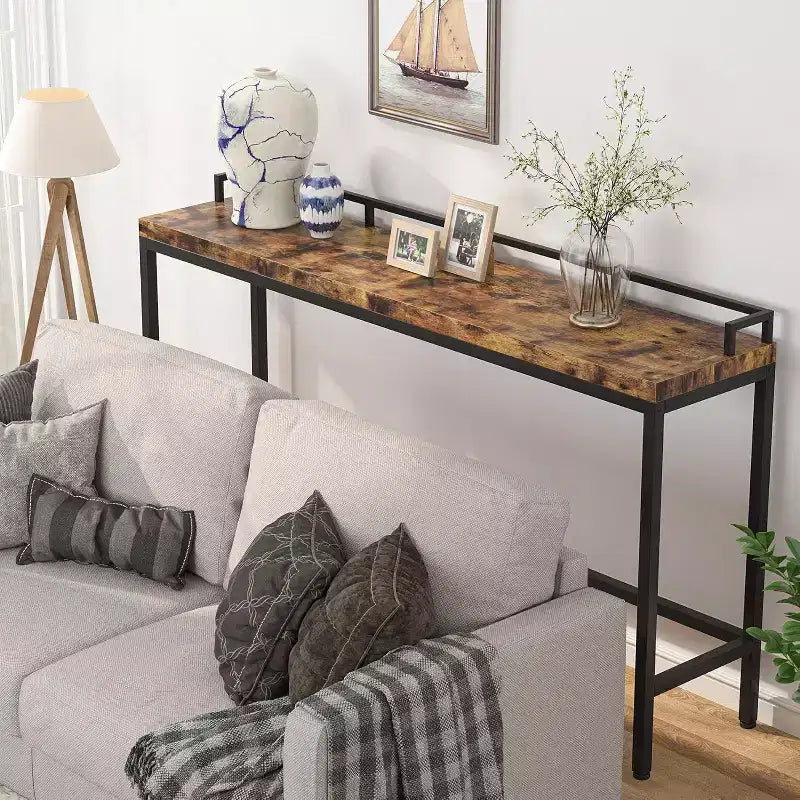 Consolle industriale rustica marrone, stile stretto extra lungo 70,9 pollici
