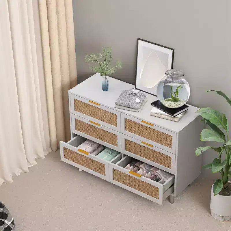 Cassettiera Singola con 6 Cassetti in Rattan Bianco