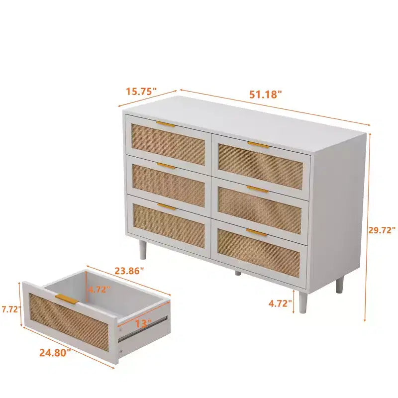 Cassettiera Singola con 6 Cassetti in Rattan Bianco