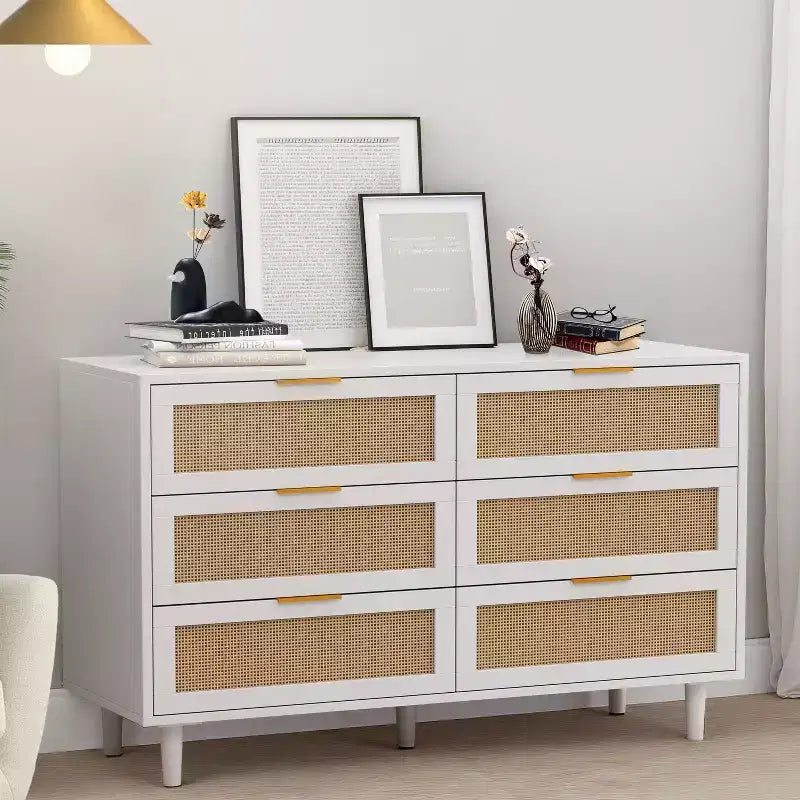 Cassettiera Singola con 6 Cassetti in Rattan Bianco
