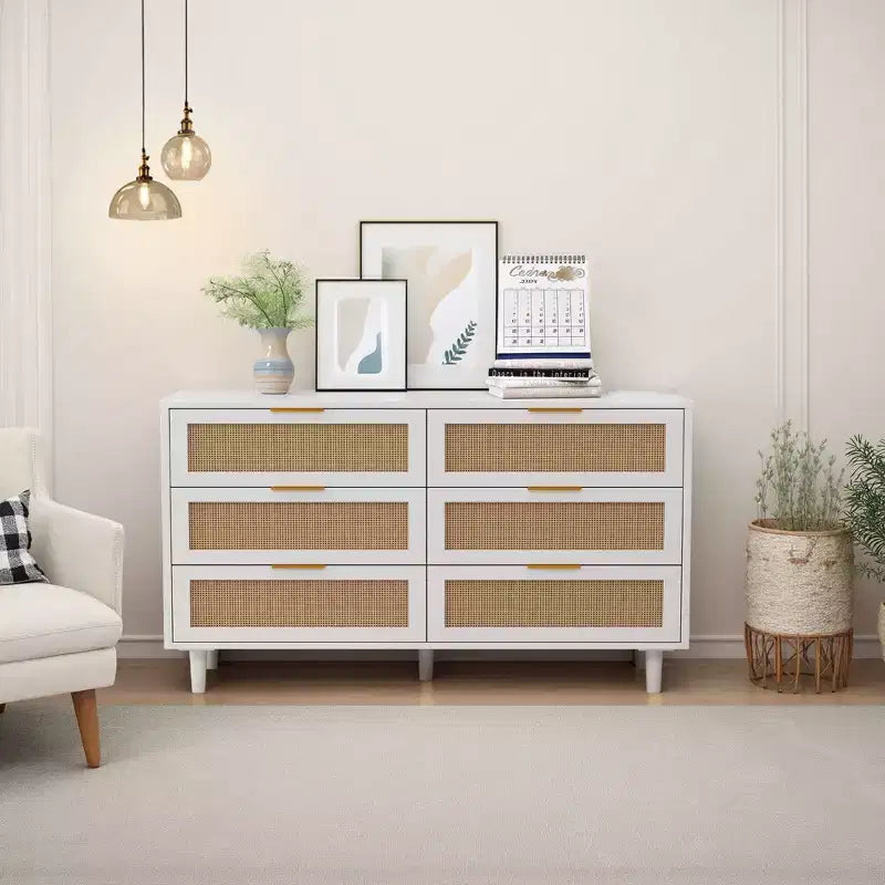 Cassettiera Singola con 6 Cassetti in Rattan Bianco