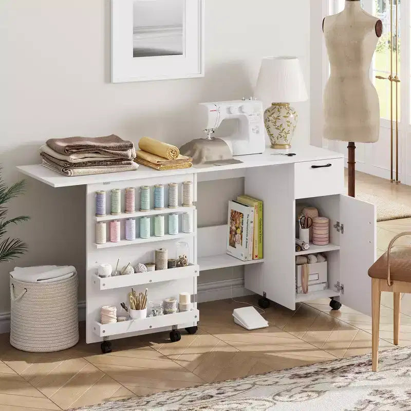 Tavolo da Cucito Pieghevole Marrone/Bianco con Contenitore, Scrivania Artigianale Singola con Ruote Bloccabili