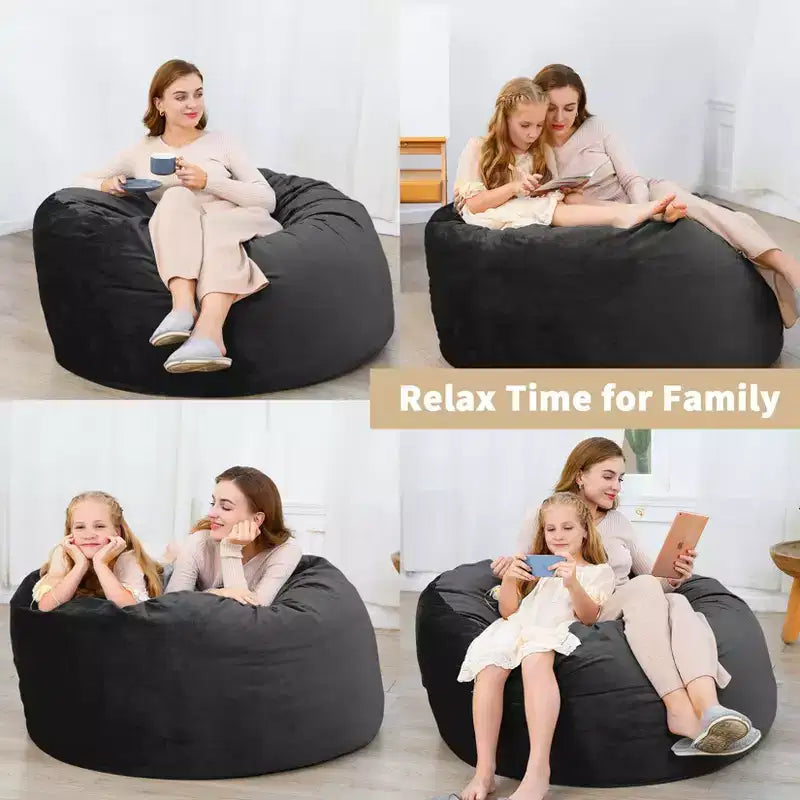 Pouf a sacco rotondo nero/grigio, capacità 1-2 adulti
