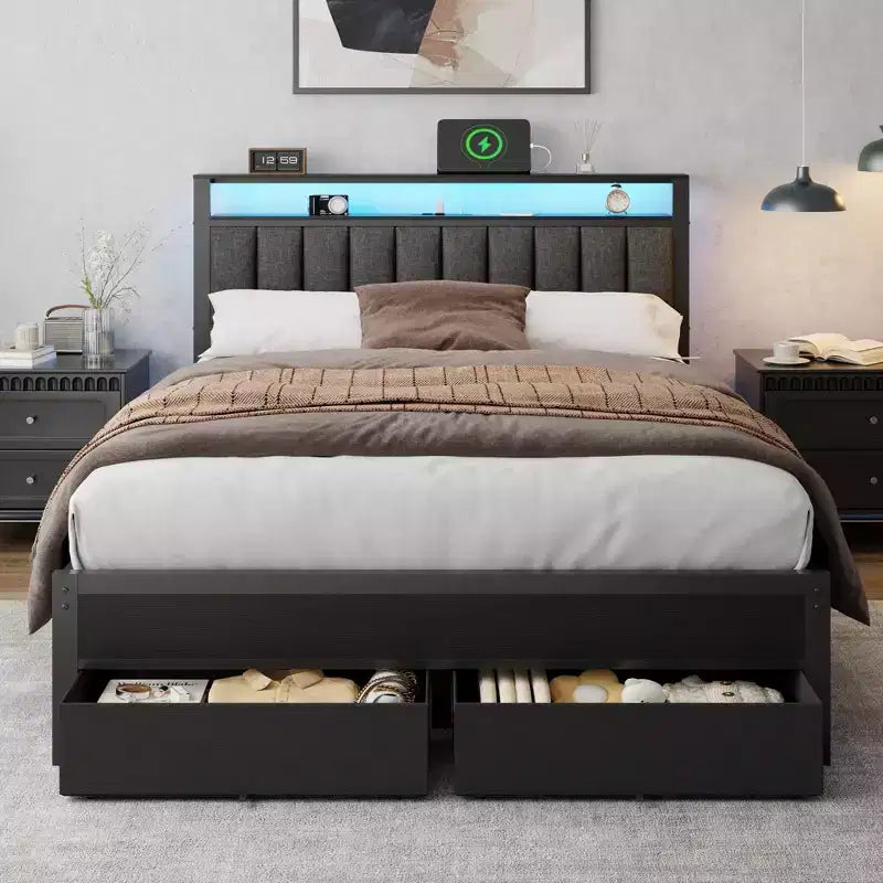 Queen Platform Bed Frame with Charging Station LED Lights 2 Storage Drawers Grey Upholstered Headboard Metal Support No Box Spring Needed