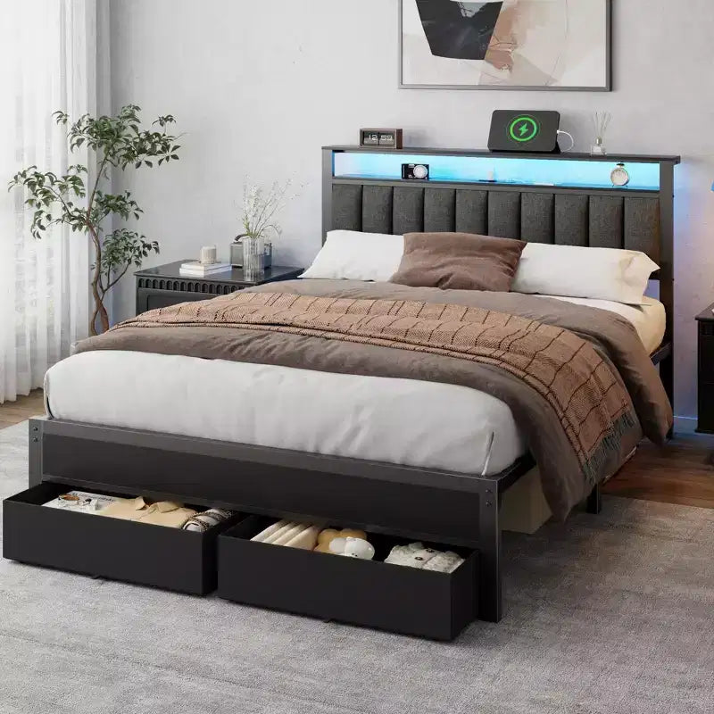Letto matrimoniale alla francese, imbottito grigio, 2 persone, cassetti contenitori e luci a LED