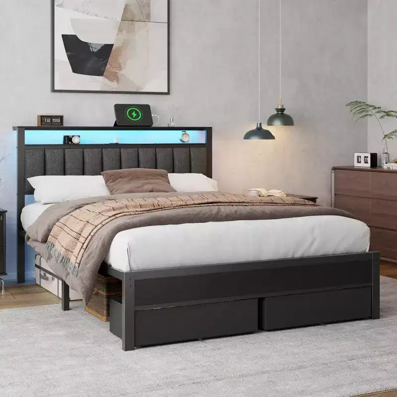 Letto matrimoniale alla francese, imbottito grigio, 2 persone, cassetti contenitori e luci a LED