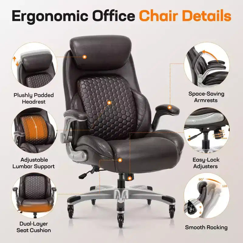 Sedia da ufficio con schienale alto in pelle nera/marrone/kaki con braccioli ribaltabili – Posto singolo