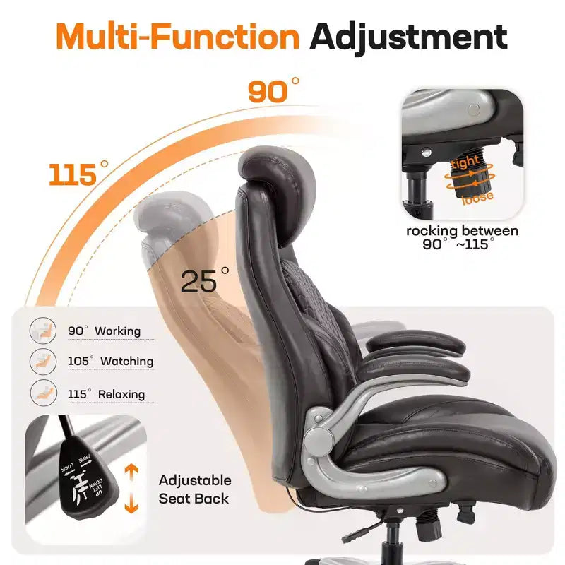 Sedia da ufficio con schienale alto in pelle nera/marrone/kaki con braccioli ribaltabili – Posto singolo
