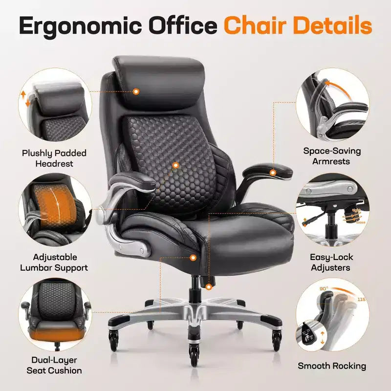 Sedia da ufficio con schienale alto in pelle nera/marrone/kaki con braccioli ribaltabili – Posto singolo