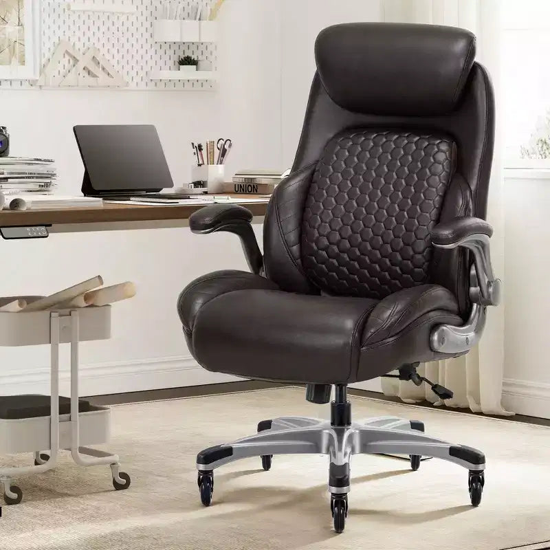 Sedia da ufficio con schienale alto in pelle nera/marrone/kaki con braccioli ribaltabili – Posto singolo