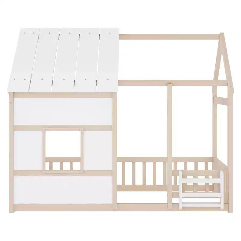 Letto a pavimento gemello a forma di casetta con tetto e recinzione, colori naturale/bianco/nudo e bianco, per 1 bambino