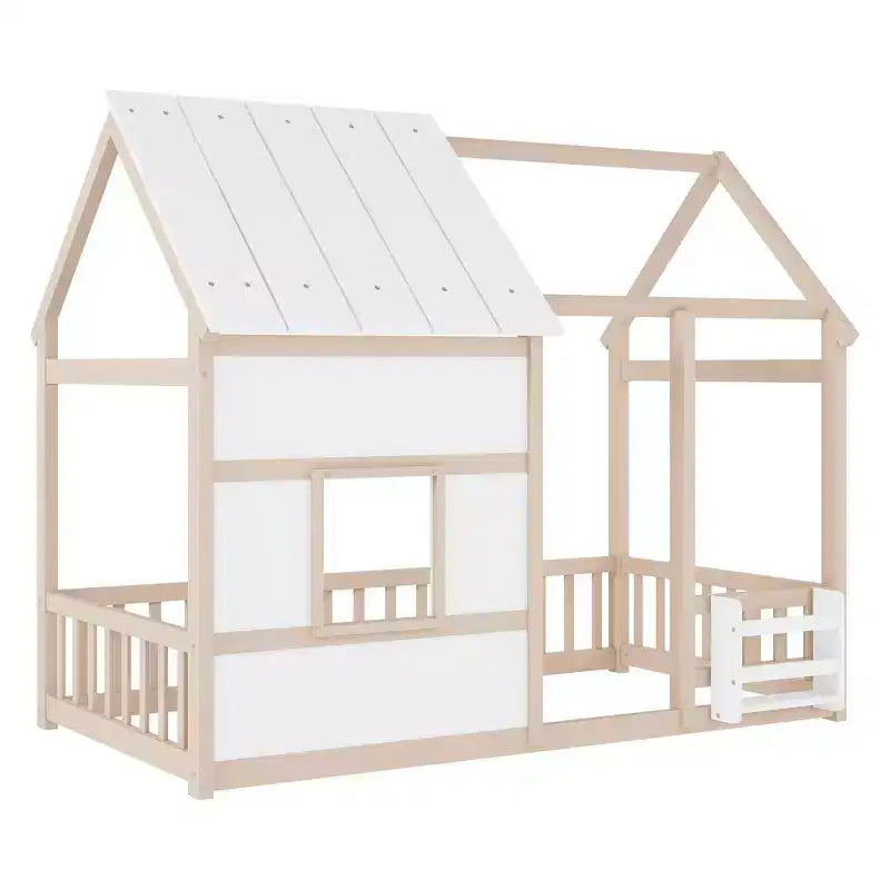 Letto a pavimento gemello a forma di casetta con tetto e recinzione, colori naturale/bianco/nudo e bianco, per 1 bambino