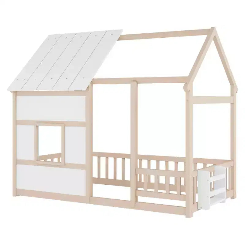 Letto a pavimento gemello a forma di casetta con tetto e recinzione, colori naturale/bianco/nudo e bianco, per 1 bambino