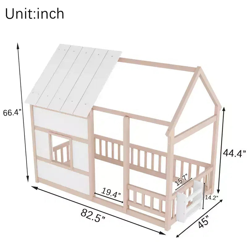 Letto a pavimento gemello a forma di casetta con tetto e recinzione, colori naturale/bianco/nudo e bianco, per 1 bambino