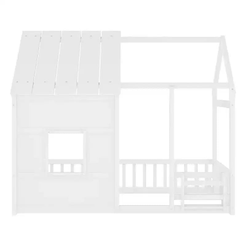 Letto a pavimento gemello a forma di casetta con tetto e recinzione, colori naturale/bianco/nudo e bianco, per 1 bambino