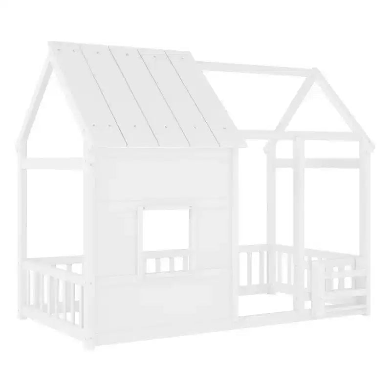 Letto a pavimento gemello a forma di casetta con tetto e recinzione, colori naturale/bianco/nudo e bianco, per 1 bambino