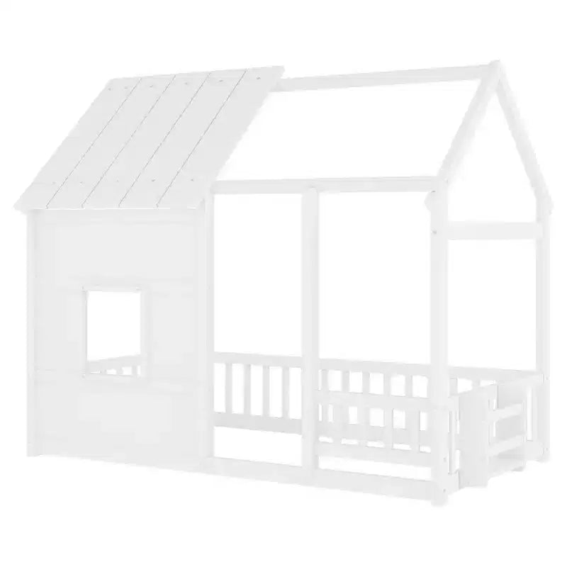 Letto a pavimento gemello a forma di casetta con tetto e recinzione, colori naturale/bianco/nudo e bianco, per 1 bambino
