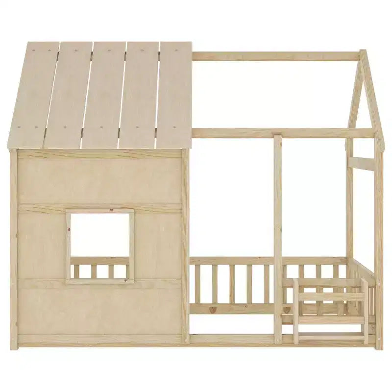 Letto a pavimento gemello a forma di casetta con tetto e recinzione, colori naturale/bianco/nudo e bianco, per 1 bambino