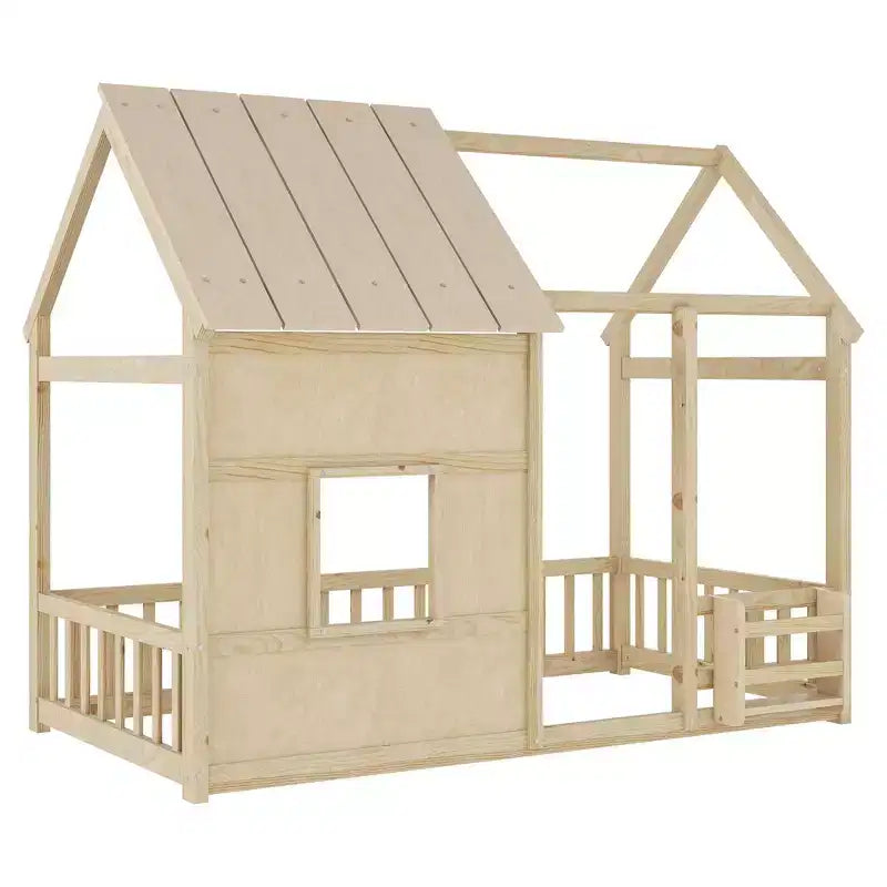 Letto a pavimento gemello a forma di casetta con tetto e recinzione, colori naturale/bianco/nudo e bianco, per 1 bambino
