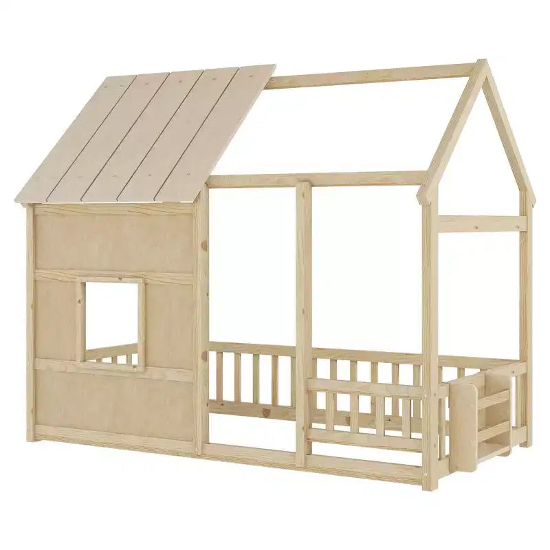 Letto a pavimento gemello a forma di casetta con tetto e recinzione, colori naturale/bianco/nudo e bianco, per 1 bambino