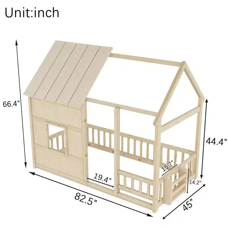 Letto a pavimento gemello a forma di casetta con tetto e recinzione, colori naturale/bianco/nudo e bianco, per 1 bambino