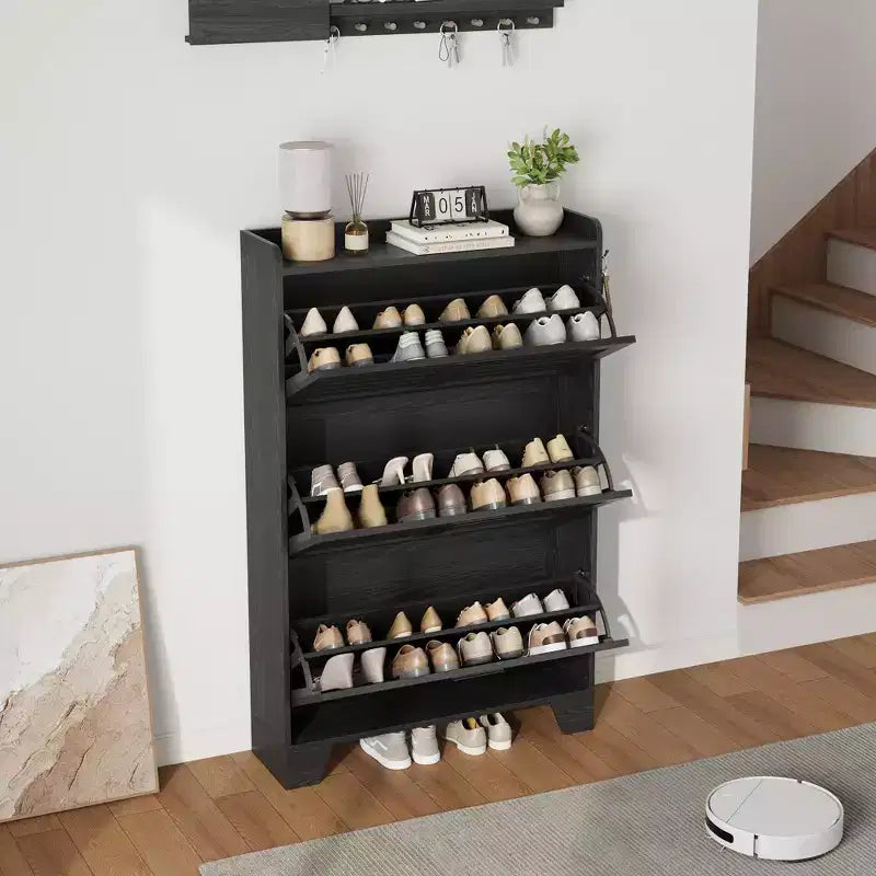 Scarpiera autoportante beige/nero/grigio con 3 cassetti a ribalta e 2 ganci laterali, per 26 paia di scarpe