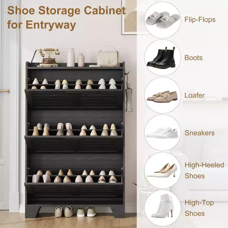 Scarpiera autoportante beige/nero/grigio con 3 cassetti a ribalta e 2 ganci laterali, per 26 paia di scarpe